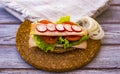 Healthy lifestyle, dietetic sandwich with vegetables and turkey meat - healthy and tasteful eating - whole wheat bread with seeds