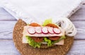 Healthy lifestyle, dietetic sandwich with vegetables and turkey meat - healthy and tasteful eating - whole wheat bread with seeds