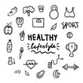 Healthy lifestyle doodle set on white background. Vector hand drawn elements including food, sport equipment and health Royalty Free Stock Photo