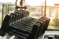 Healthy lifestyle fitness concept with rows of dumbbells and in