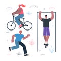 Healthy lifestyle fitness and street workout sports exercises concept. Persons ride bicycle, running and pull up on