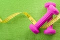 Healthy lifestyle, fitness and weight control concept with a closeup pink on a pair dumbbells with measuring tape wrapped around