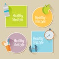 Healthy lifestyle flat illustration stickers. Food, water and sp