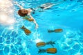 Healthy Lifestyle, Food. Young Woman In Pool. Fruits, Vitamins. Royalty Free Stock Photo