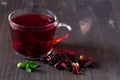 Glass cup of red hibiscus hot tea with dry flowers rose with fresh green leaves of mint on a dark wooden background. Royalty Free Stock Photo