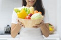 Healthy lifestyle with good natural food. Person showing fresh variety vegetables ingredients for healthy meal