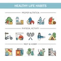 Healthy lifestyle habits colorful line vector icons . Proper nutrition fruit vegetables water seafood. Physical Royalty Free Stock Photo