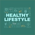 Healthy lifestyle, healthcare word concepts banner. Conscious nutrition and fitness. Infographics with linear icons on