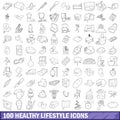 100 healthy lifestyle icons set, outline style Royalty Free Stock Photo