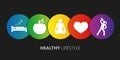 Healthy lifestyle icons sleep apple yoga heart sport Royalty Free Stock Photo