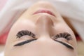 Healthy Lifestyle Ideas. Young Beautiful Woman With Ready Permanent Make-up Tattoo on Eyebrows in Beauty Salon.Focus on Eyelashes Royalty Free Stock Photo