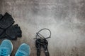 Healthy lifestyle. Jump rope  equipment on a grey background. Top view with copy space Royalty Free Stock Photo