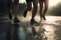 Healthy lifestyle. Legs of friends in sport shoose taking run on warm sunny day with rain. AI, generated