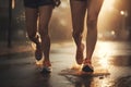 Healthy lifestyle. Legs of friends in sport shoose taking run on warm sunny day with rain. AI, generated