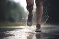 Healthy lifestyle. Legs of woman in sport shoose taking run on warm sunny day with rain. AI, generated