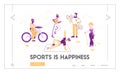 Healthy Lifestyle, Leisure, Sport Activities Landing Page. Fitness Exercise Workout with Dumbbells, Riding Bicycle