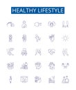 Healthy lifestyle line icons signs set. Design collection of Exercise, Nutrition, Sleep, Hydration, Balance, Moderation