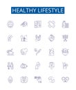 Healthy lifestyle line icons signs set. Design collection of Exercise, Nutrition, Sleep, Hydration, Balance, Moderation