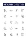 Healthy lifestyle line vector icons and signs. Nutrition, Exercise, Balance, Moderation, Hydration, Sleep, Food