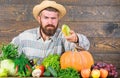 Healthy lifestyle. Man with beard wooden background. Become organic farmer. Farmer with organic homegrown vegetables