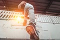 Healthy lifestyle middle aged man runner running upstairs with sunset, sunrise Royalty Free Stock Photo