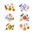 Healthy Lifestyle Objects with Food and Sport Equipment Vector Composition Set Royalty Free Stock Photo