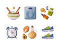 Healthy Lifestyle Objects with Food, Timer, Weight and Sneakers Vector Set Royalty Free Stock Photo