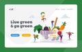 Healthy Lifestyle, Organic Vegan Food Choice Landing Page Template. Tiny Characters at Huge Bowl with Fruits Royalty Free Stock Photo