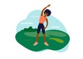 Healthy lifestyle and outdoor activity vector illustration with black woman doing exercise on nature Royalty Free Stock Photo