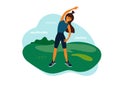 Healthy lifestyle and outdoor activity vector illustration with young woman doing exercise on nature Royalty Free Stock Photo