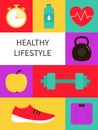 Healthy lifestyle poster card print. Groovy retro icon set in 60s, 70s hippie style. Apple, kettlebell weight, stopwatch, water