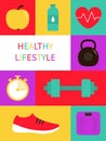Healthy lifestyle poster card print. Groovy retro icon set in 60s, 70s hippie style. Apple, water bottle, kettlebell weight,