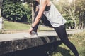 Healthy lifestyle, Runner tying running shoes getting ready for Royalty Free Stock Photo