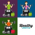 Healthy lifestyle set people weight scale fruit