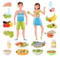 Healthy Lifestyle with Slim Man and Woman with Plenty of Balanced Nutrition and Food Around Vector Set