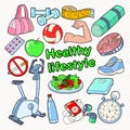 Healthy Lifestyle Sport Doodle with Gym, Food and Vitamins