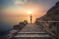 healthy lifestyle sports woman running on stone stairs on a cliff at sunrise, neural network generated image Royalty Free Stock Photo