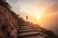 healthy lifestyle sports woman running up on stone stairs on a cliff at sunrise, neural network generated image Royalty Free Stock Photo