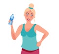Slender beautiful girl with a thin waist smiles and holds a bottle of water. Healthy lifestyle and sports. Vector graphics