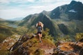 Healthy lifestyle woman trail running in mountains outdoor travel adventure active trip female athlete training Royalty Free Stock Photo