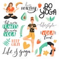 Healthy lifestyle and yoga concept. Set with women in various yoga poses, lettering phrases, leaves, vegetables and fruit.