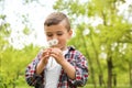 Healthy little boy blowing on dandelions outdoors. Allergy free concept Royalty Free Stock Photo