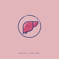 Healthy liver icon in a circle. Cute cartoon liver with gall bladder with stars and confetti.