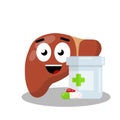 Healthy liver and pills. Cartoon flat illustration