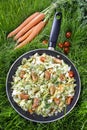 Healthy living - fried cabbage in frying pan on green grass Royalty Free Stock Photo