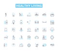 Healthy living linear icons set. Nutrition, Exercise, Meditation, Wellness, Cleanse, Organic, Yoga line vector and