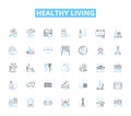 Healthy living linear icons set. Nutrition, Exercise, Meditation, Wellness, Cleanse, Organic, Yoga line vector and