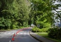 Healthy Living - Special Road Demarcation, Cone Barrier for Bike Lane in Stanley Park, Vancouver. The road in the forest. Walks in