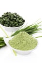 Healthy living. Spirulina, chlorella and wheatgrass. Royalty Free Stock Photo