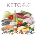 Healthy low carbs KETO products. Nutrition concept for Ketogenic diet. Assortment of healthy food ingredients for cooking. Hand